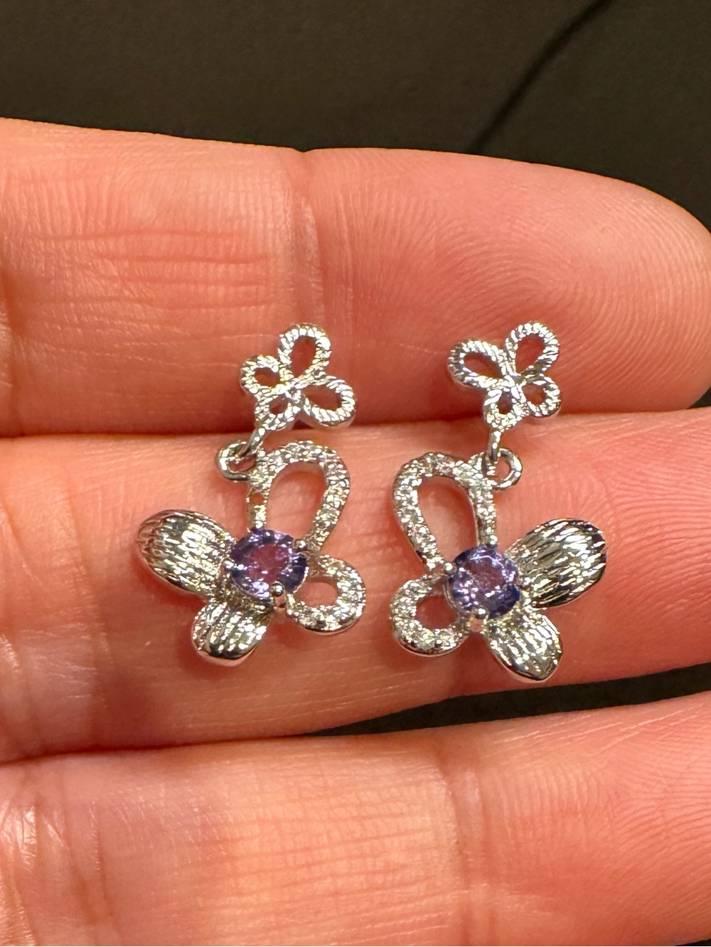 Amethyst Silvertone Floral Drop Earrings with Purple Gem Accents